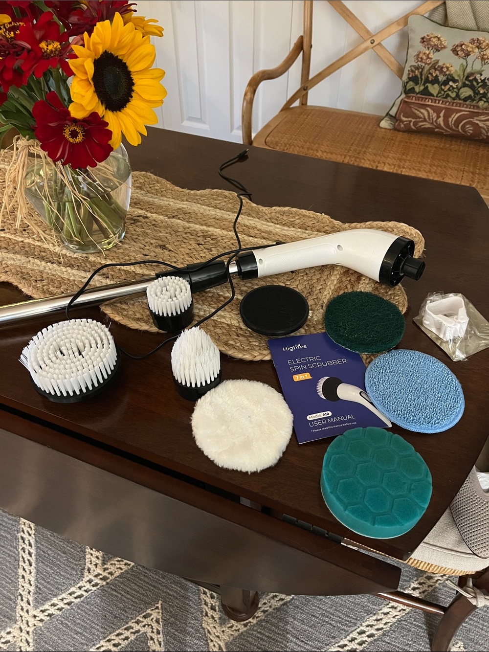 Electric Spin Scrubber with White Handheld Handle and Multiple Cleaning Pads